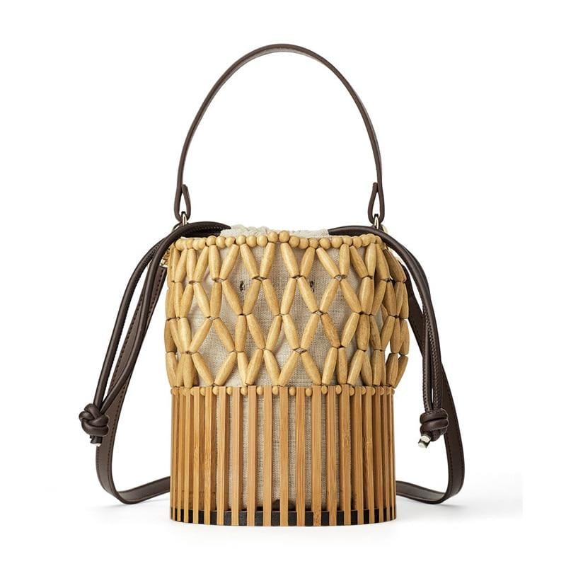 Bucket Bamboo Bag - Bamboo Handbag with Leather Strap - Round Bamboo Bag